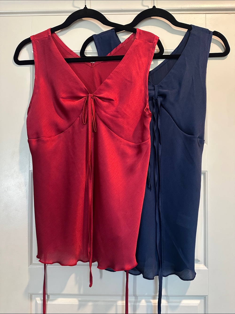 Silky Tie-Front Sleeveless Top in Red and Navy 2 for 1